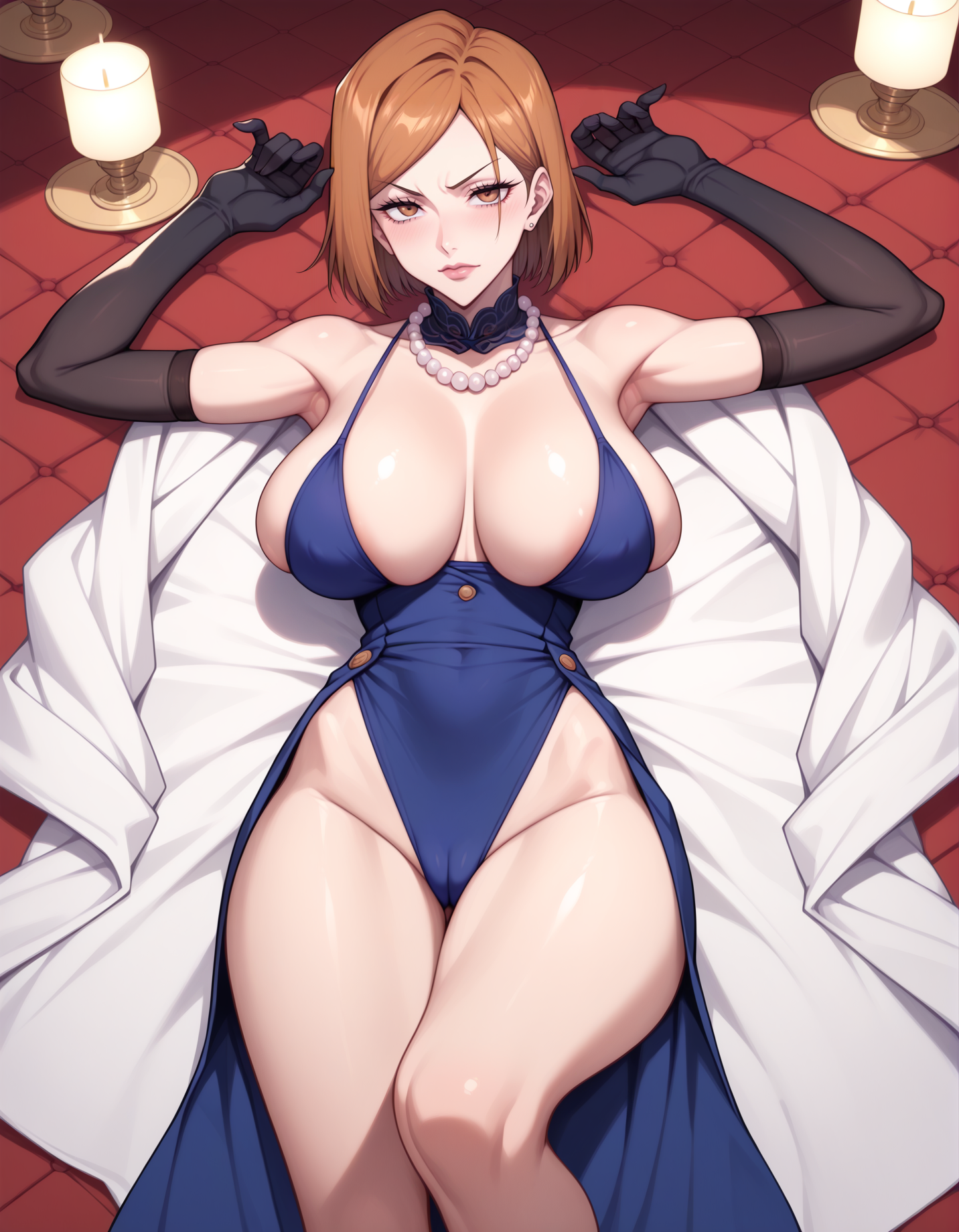 1girls, ai generated, breasts, brown eyes, brown hair, dress, elegant dress, female, jujutsu kaisen, kugisaki nobara, large breasts, lingerie, looking at viewer, mommy, short hair, shoulder length hair, sideboob