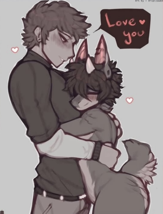 anthro, claweddrip, cute, english text, female, hugging, human, human on anthro, interspecies, love, lowres, male, male on anthro, no sex, saying i love you, saying love you, shorter female, tagme, taller male, wholesome