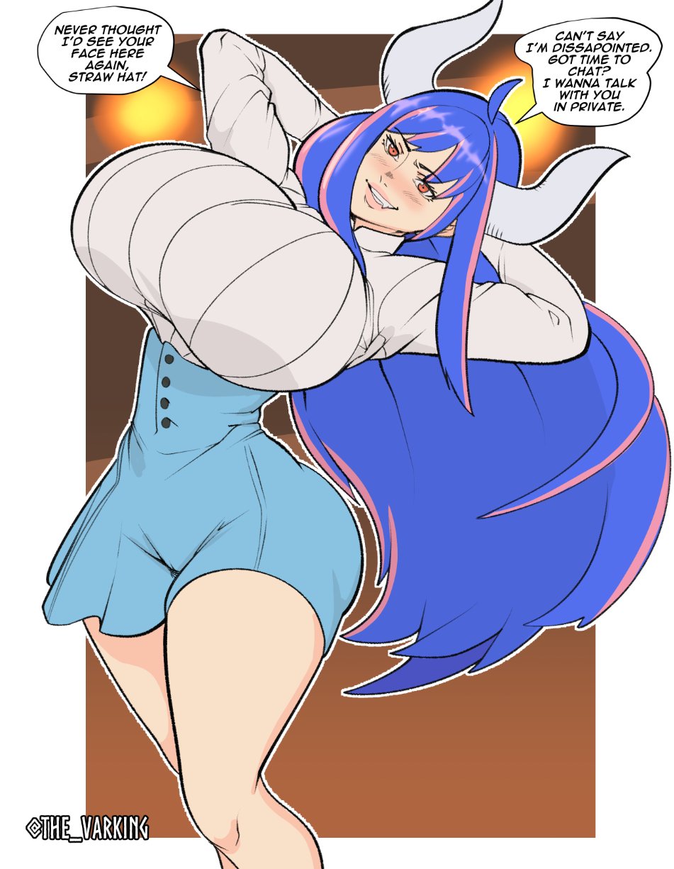 1girls, bare legs, bare thighs, big breasts, blue hair, blue-haired female, blush, breasts, breasts bigger than head, clothed, clothing, color, english text, female, female focus, female only, hi res, horns, large breasts, light skin, light-skinned female, long hair, looking at viewer, massive breasts, multicolored hair, one piece, pink eyes, shounen jump, solo, solo female, tagme, text, text bubble, the varking, thick thighs, ulti (one piece)