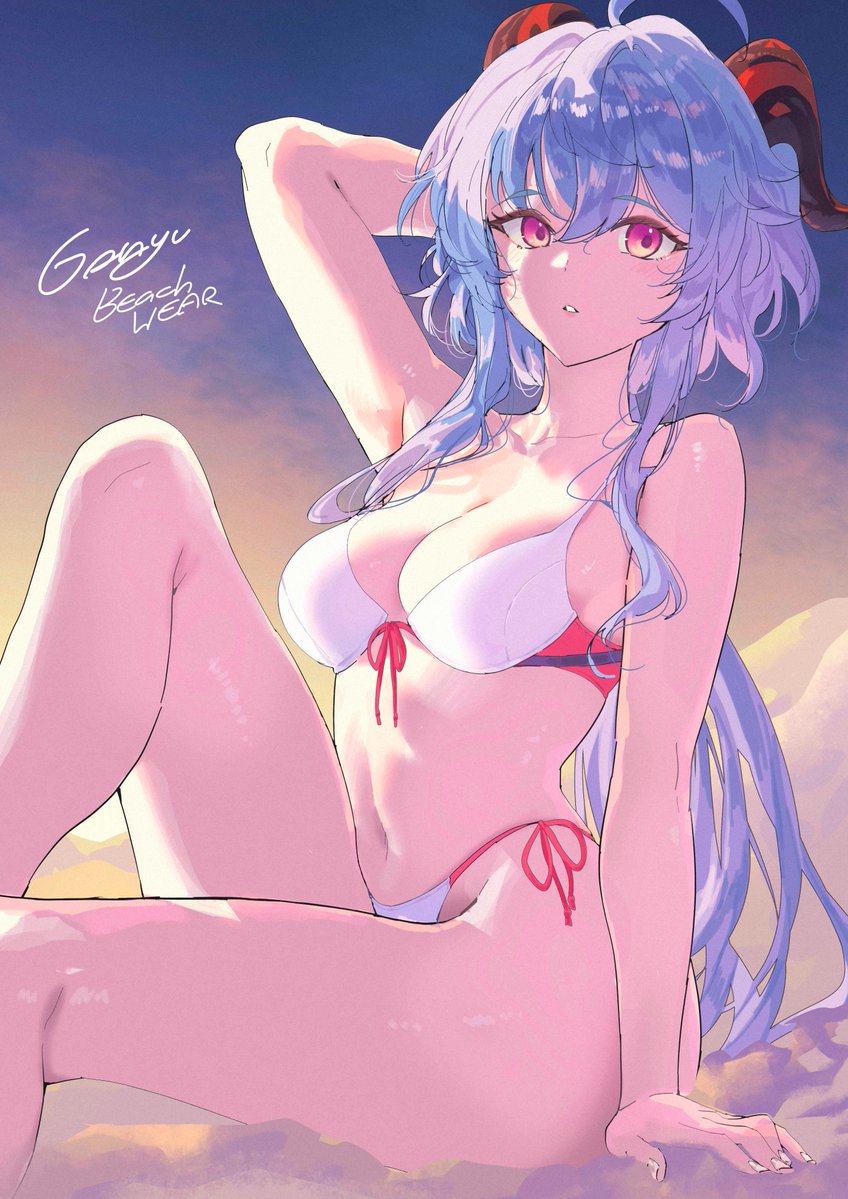 1girls 2d 2d_(artwork) adeptus alternate_costume arm_behind_head belly_button blue_hair bra cleavage female female_focus female_only ganyu_(genshin_impact) genshin_impact horns hourglass_figure hoyoverse light-skinned_female light_skin long_hair looking_at_viewer medium_breasts mihoyo outdoors salmon88 sitting sky solo solo_female solo_focus summer sunset swimsuit thong thong_bikini two_piece_swimsuit