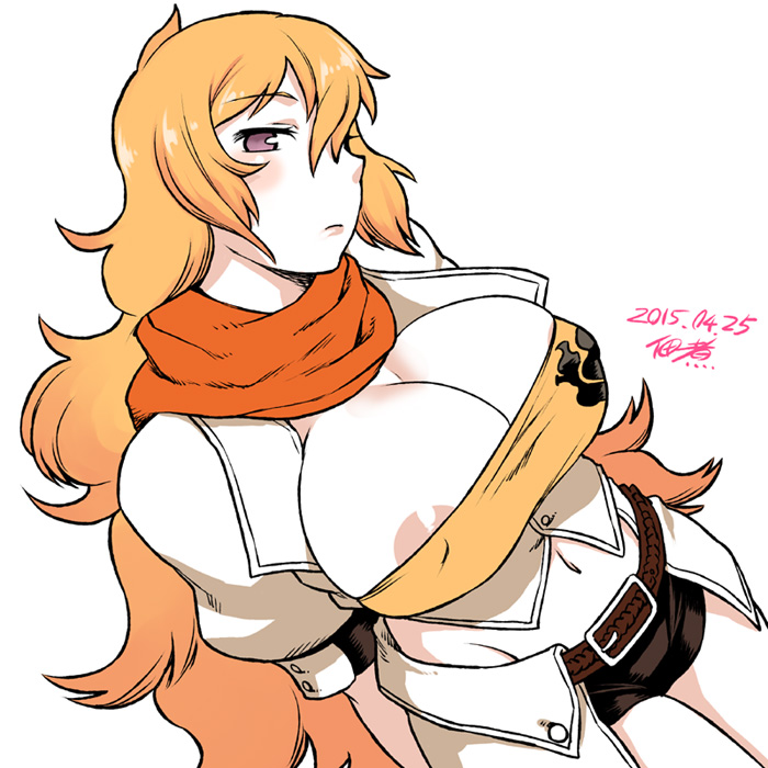 2015, blonde hair, blush, braless, breasts, cleavage, dated, eyebrows visible through hair, female, long hair, looking at viewer, nipple peek, nipple slip, nipples, purple eyes, rwby, scarf, simple background, tsukudani (coke-buta), yang xiao long