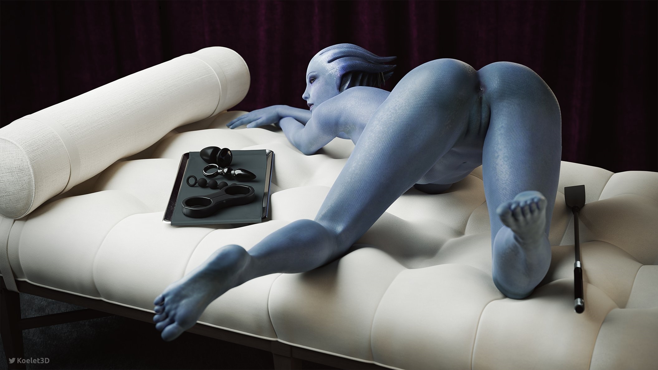 1girls, 3d, alien, alien girl, anus, asari, blue skin, feet, female, female focus, female only, genitals, imminent penetration, koelet3d, liara t'soni, lying on bed, mass effect, presenting, presenting ass, presenting pussy, pussy, sex toy, soles, solo, solo female, solo focus, vagina