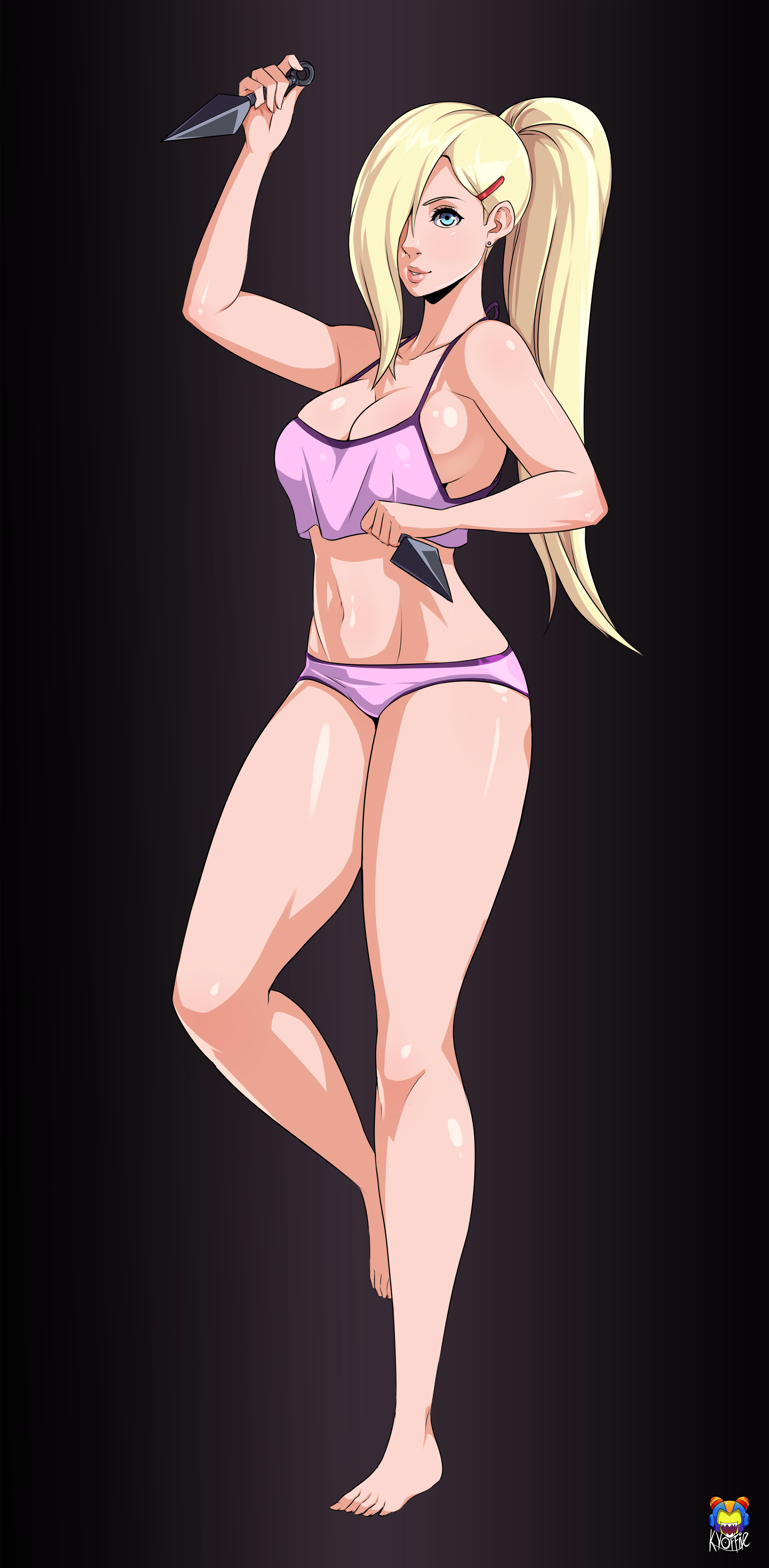 1girls, 2017, 5 fingers, aqua eyes, big breasts, blonde hair, breasts, earrings, eyebrows, eyelashes, feet, female, female only, full body, hair over one eye, hands, highres, human, ino yamanaka, kyoffie, legs, lips, lipstick, long hair, looking at viewer, naruto, naruto (series), ninja, nose, pink lipstick, ponytail, solo, standing, stomach, tied hair, toes