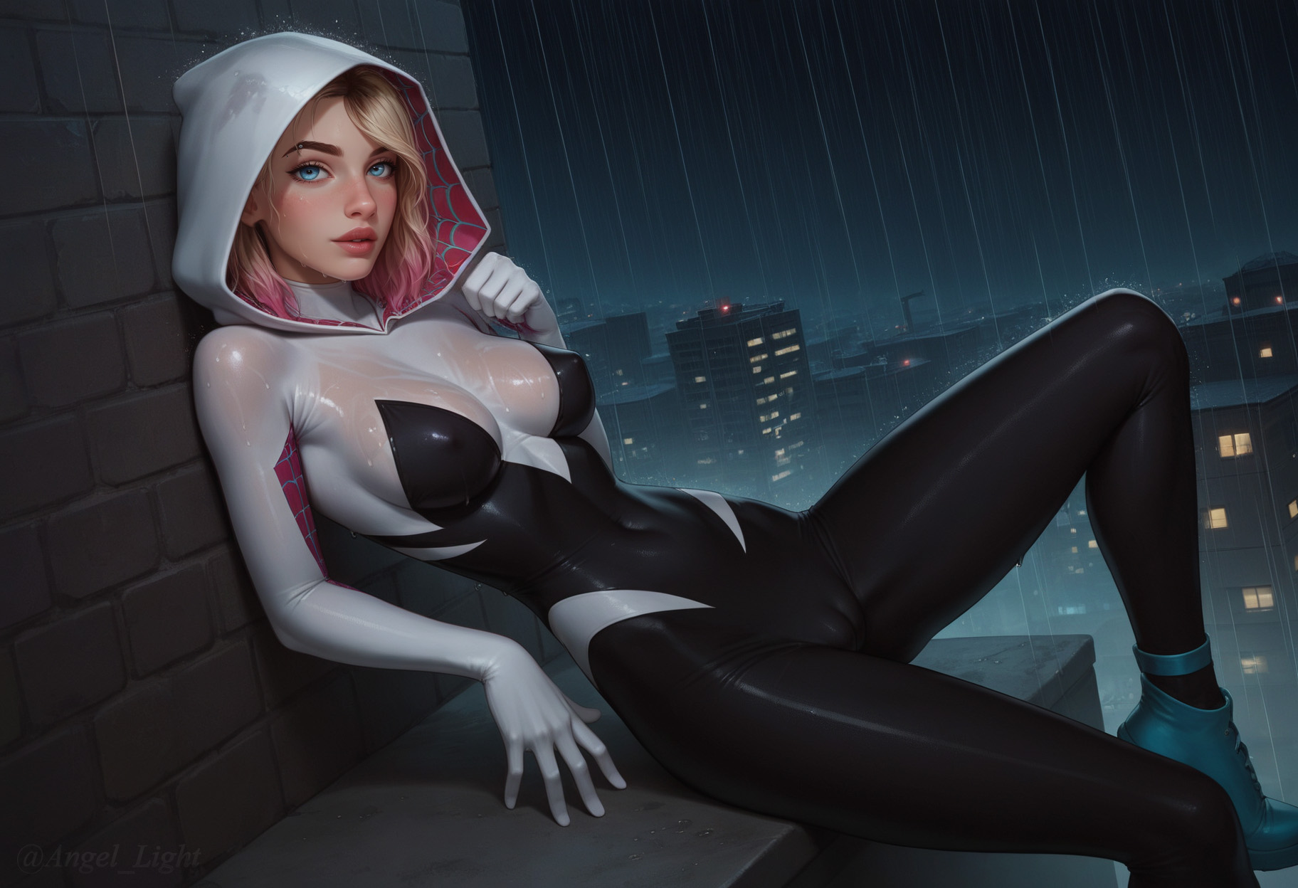 1girls, ai generated, angel light, angel light (artist), ass, blonde hair, blue eyes, cameltoe, disney, female, gwen stacy, gwen stacy (spider-verse), marvel, marvel comics, multicolored hair, nipples visible through clothing, pussy, spider-gwen, spider-man (series), spider-man: across the spider-verse, suit, wet