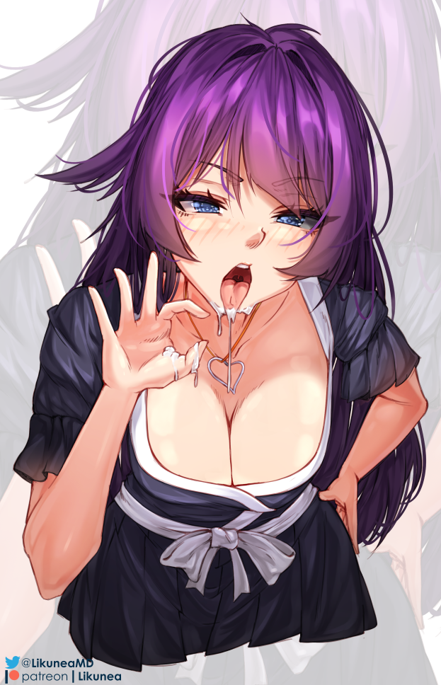 artist_name bakemonogatari blue_dress blue_eyes blush bow breasts cleavage collarbone cropped_torso cum cum_in_mouth cum_on_hands cum_on_tongue cumdrip dress eyelashes facial female frilled_sleeves frills hand_on_own_hip hand_up heart heart_necklace jewelry large_breasts leaning_forward likunea long_hair looking_at_viewer monogatari_(series) necklace official_alternate_costume open_mouth patreon_logo patreon_username pleated_dress purple_hair ribbon senjougahara_hitagi short_sleeves sidelocks solo teeth tongue tongue_out twitter_logo twitter_username upper_teeth_only white_bow white_ribbon zoom_layer