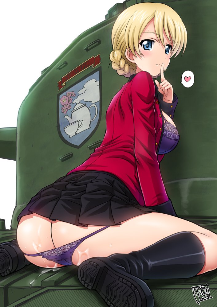 after_sex ass black_skirt blonde_hair blue_eyes blush boots bra braid breasts cum cum_on_ass darjeeling english female finger_to_mouth french_braid girls_und_panzer ground_vehicle heart kamogawa_tanuki lace lace-trimmed_bra lace-trimmed_panties large_breasts long_sleeves looking_back military military_vehicle motor_vehicle open_clothes panties pleated_skirt purple_bra purple_panties shiny shiny_clothes shiny_hair short_dress short_hair shushing signature sitting skirt smile solo spoken_heart st._gloriana's_(emblem) tank tea tied_hair unbuttoned underwear uniform wariza wet wet_clothes wet_panties wet_pussy white_background