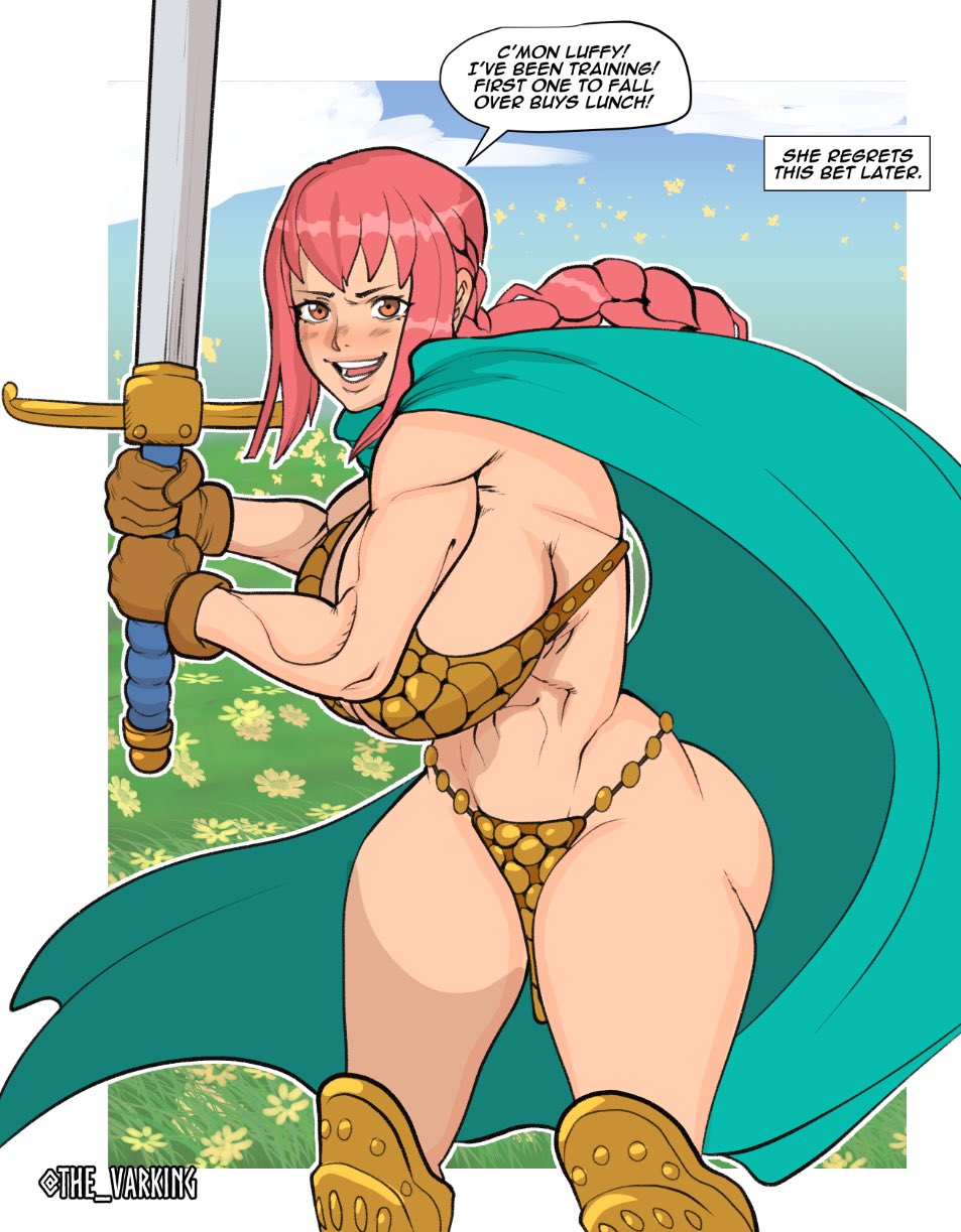 1girls, abs, bare arms, bare legs, bare shoulders, bare thighs, big breasts, bikini armor, blush, breasts, breasts bigger than head, clothed, clothing, color, english text, female, female focus, female only, fit, fit female, hi res, large breasts, light skin, light-skinned female, long hair, looking at viewer, massive breasts, muscles, muscular, muscular female, one piece, pink eyes, pink hair, pink-haired female, rebecca (one piece), shounen jump, solo, solo female, sword, tagme, text, text bubble, the varking, thick thighs