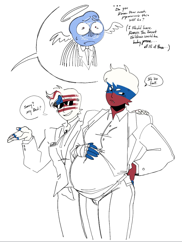 3boys countryhumans embarrassed english_text large_belly male male_only male_pregnancy pregnant pregnant_belly pregnant_male russia_(countryhumans) som3thingx2_o2 text text_bubble tight_clothing united_nations_(countryhumans) united_states_of_america_(countryhumans)