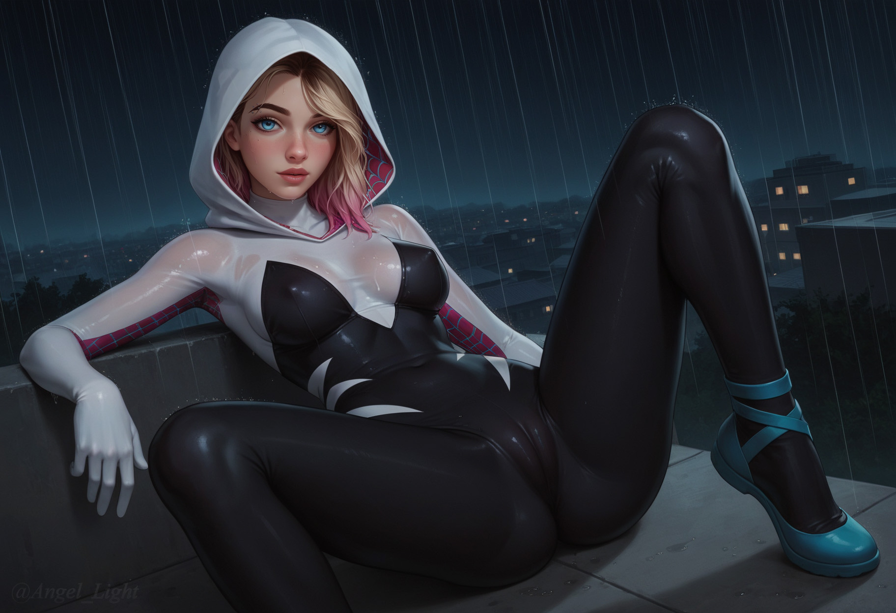 1girls, ai generated, angel light, angel light (artist), ass, blonde hair, blue eyes, cameltoe, disney, female, gwen stacy, gwen stacy (spider-verse), marvel, marvel comics, multicolored hair, nipples visible through clothing, pussy, spider-gwen, spider-man (series), spider-man: across the spider-verse, suit, wet