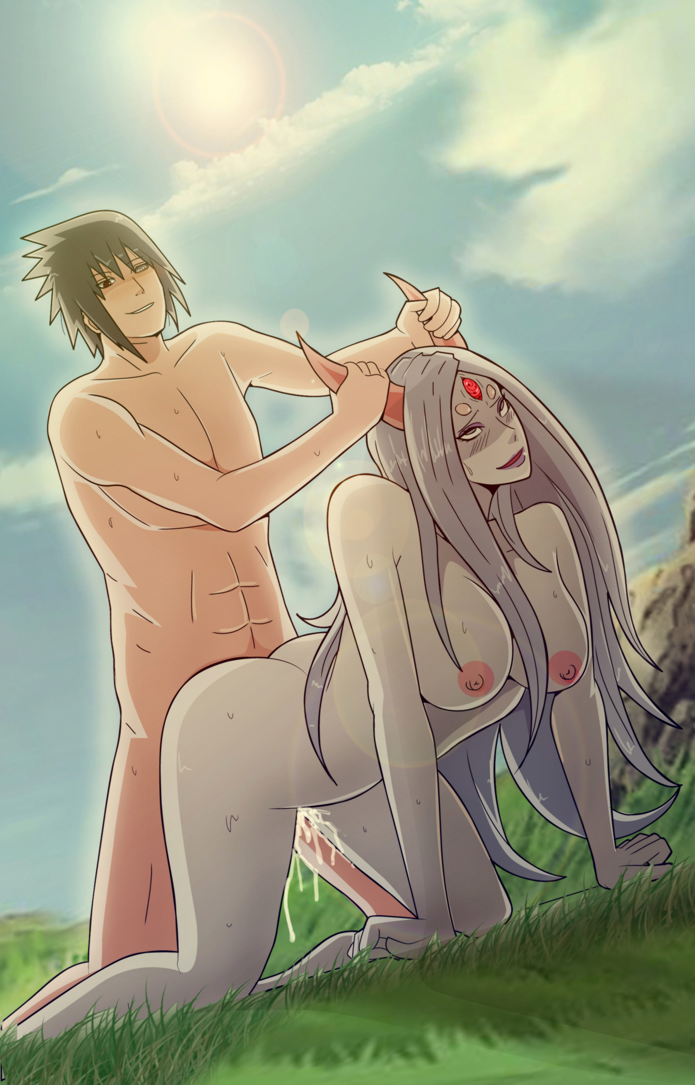 ahe gao, ahegao, ancestor, ancestor and descendant, areolae, ass, black hair, breasts, byakugan, cum, cum in pussy, cum inside, doggy style, ejaculation, female, gilf, goddess, grabbing horns, handlebars, horn grab, horns, human, large breasts, long hair, looking pleasured, male, milf, naruto, naruto (series), naruto shippuden, nipples, nude, otsutsuki kaguya, pussy, rinne sharingan, rinnegan, sasuke uchiha, sex, sharingan, silver hair, smile, sweat