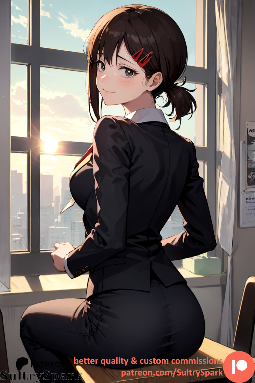 1girls ai_generated artist_name ass ass_focus black_outfit black_shirt blush blushing_at_viewer brown_eyes brown_hair chainsaw_man commission female from_behind from_behind_position higashiyama_kobeni indoors lace looking_at_viewer office patreon patreon_username ponytail shirt sitting smile smiling solo sultryspark tie window windows