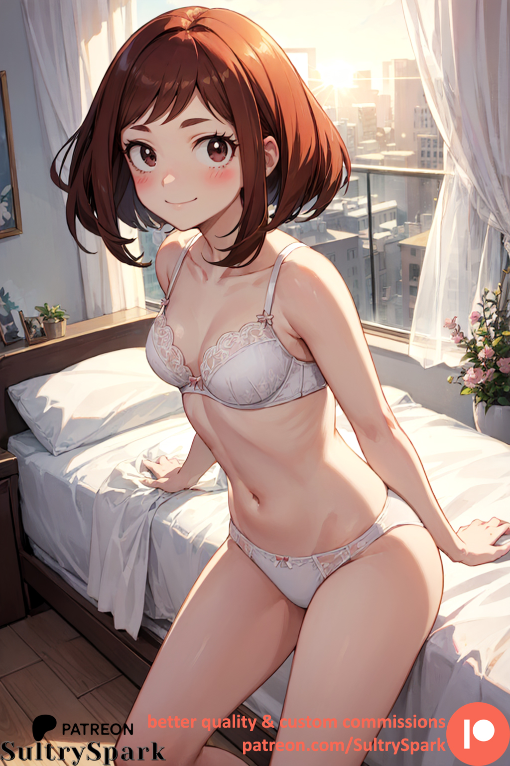 ai generated, bedroom, blush, blushing at viewer, boku no hero academia, breasts, brown eyes, brown hair, commission, female, indoors, lingerie, lingerie only, looking at viewer, my hero academia, ochako uraraka, panties, patreon, patreon username, smile, smiling, sultryspark, white lingerie