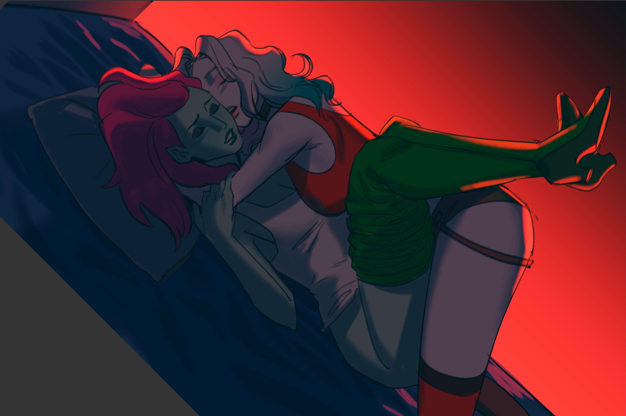 2d, 2girls, bed, blonde hair, canon couple, choker, closed eyes, clothed sex, clothes, clothing, dc, dc comics, dutch angle, female, footwear, green skin, green-skinned female, handwear, harley quinn, harley quinn (series), istav, looking pleasured, missionary position, moaning, multiple females, multiple girls, on back, on bed, open mouth, pamela isley, pants around ankles, pants down, pants pulled down, poison ivy, red hair, red tank top, strap-on, strapon, tank top, white skin, white tank top, yuri