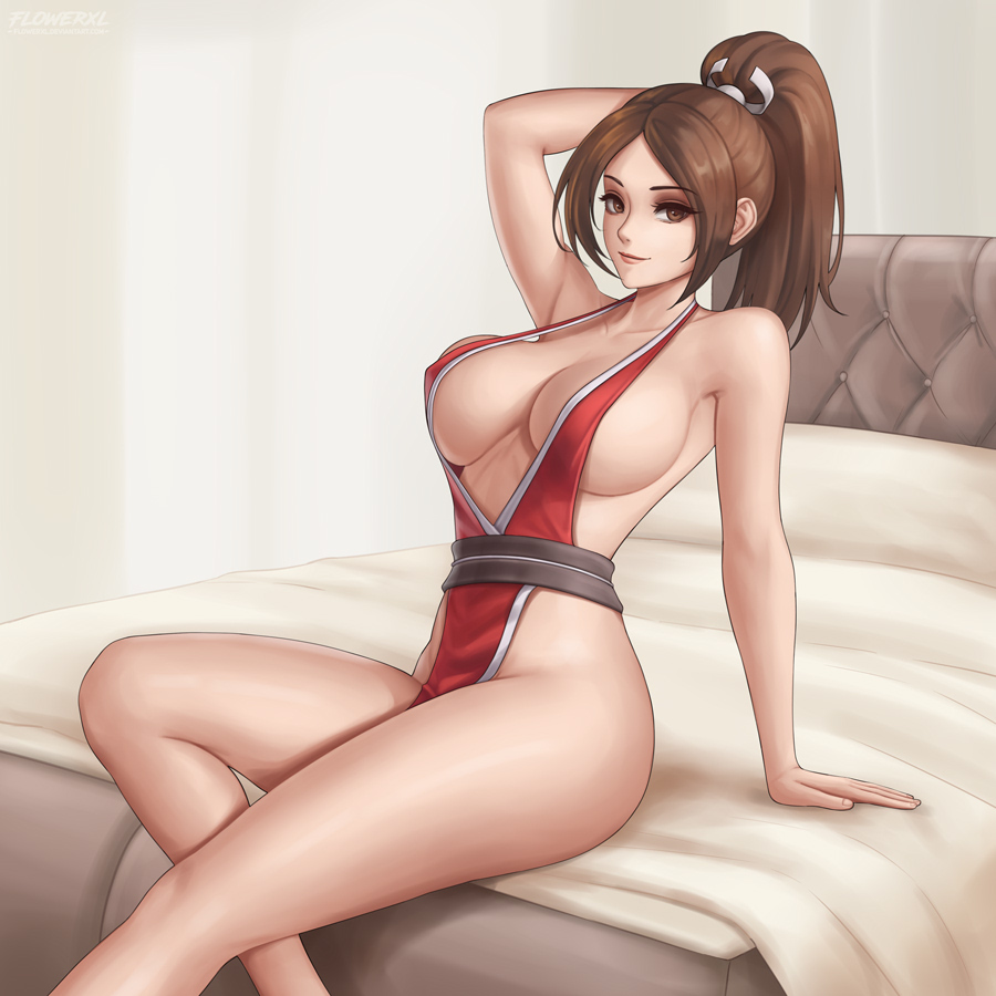 1girls arm_behind_head arm_support armpits asian asian_female bare_shoulders bed bedroom breasts brown_eyes brown_hair collarbone fatal_fury female flowerxl king_of_fighters large_breasts laying_on_back light_smile long_legs mai_shiranui no_bra on_bed parted_bangs ponytail sideboob sitting sitting_on_bed smile snk solo thighs