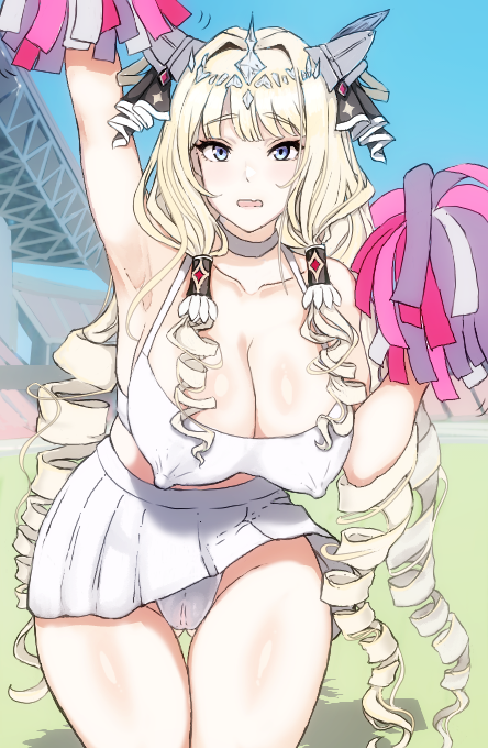 1girls armpits blonde_hair blue_eyes cameltoe cheerleader choker cleavage collarbone covered_nipples crop_top crown crown_(nikke) drill_hair embarrassed goddess_of_victory:_nikke headgear large_breasts long_hair looking_at_viewer lowres no_bra one_arm_up open_mouth panties pleated_skirt pom_poms shironoharuka skirt sky solo solo_female tank_top underwear upskirt white_panties white_skirt white_tank_top