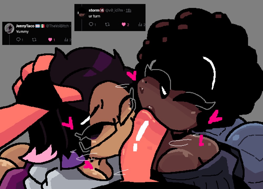 1boy 2girls 2girls1boy audra_(stormtm) blowjob hand_on_head heart hearts_around_head jennytaco_(theyoibitch) jjoyplus joy_(jjoyplus) one_eye_closed stormtm tagme transgender_pride_colors twitter_user_oc