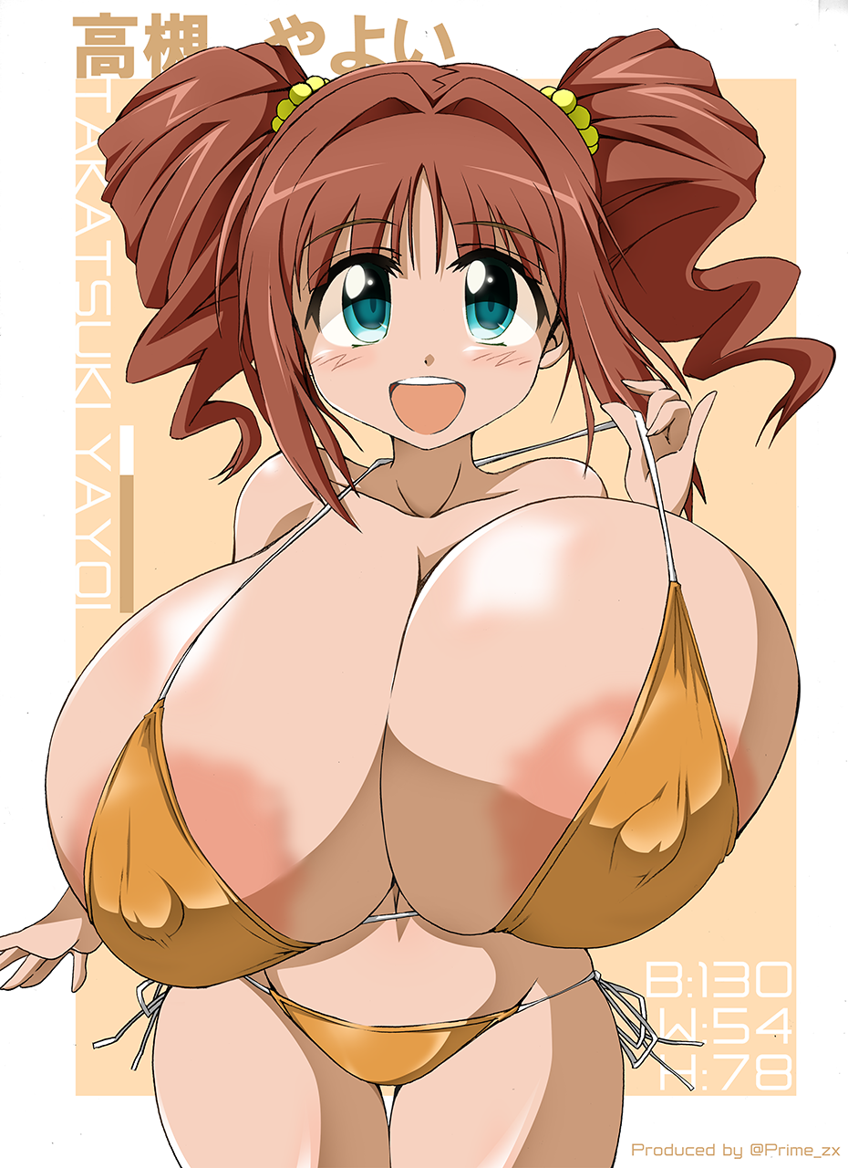 alternate_breast_size areola_slip character_name english_text gigantic_breasts huge_nipples hyper_breasts idolmaster idolmaster_(classic) japanese_text measurements nipple_bulge smile twitter_username yayoi_takatsuki