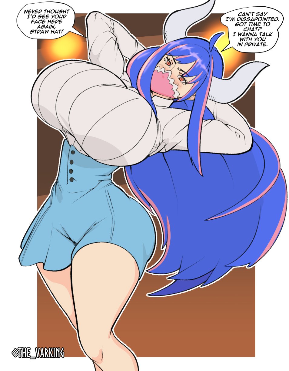 1girls, bare legs, bare thighs, big breasts, blue hair, blue-haired female, blush, breasts, breasts bigger than head, clothed, clothing, color, english text, female, female focus, female only, hi res, horns, large breasts, light skin, light-skinned female, long hair, looking at viewer, mask, massive breasts, multicolored hair, one piece, pink eyes, shounen jump, solo, solo female, tagme, text, text bubble, the varking, thick thighs, ulti (one piece)
