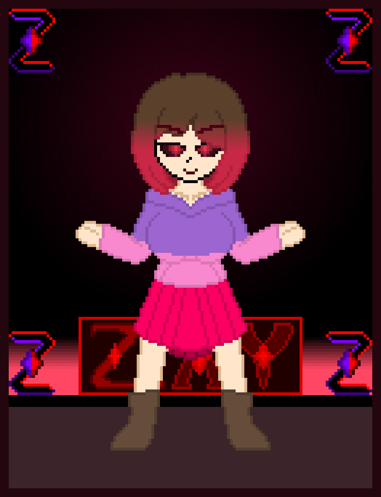 bete_noire betty_noire black_eyes boots breasts brown_hair glitchtale hoodie pink_hoodie pockets purple_hoodie red_eyes red_hair short_hair skirt smile smiling wearing_clothes zixy