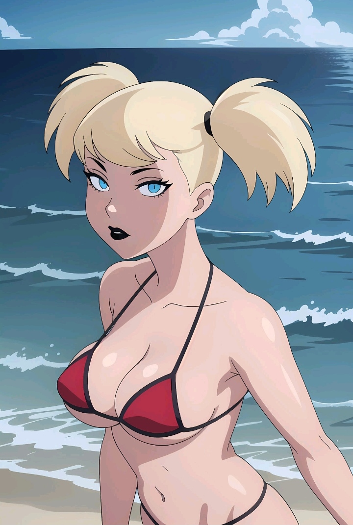 1girls, 2024, ai generated, batman: the animated series, beach, big breasts, bikini, black hairband, black lips, black lipstick, blonde hair, blue eyes, bonnieaiart, boobs, bra, breasts, cleavage, clouds, dc, dc comics, dcau, deviantart, deviantart link, female, female only, harleen quinzel, harley quinn, harley quinn (classic), large breasts, light skin, light-skinned female, looking at viewer, ocean, pale skin, pale-skinned female, red bikini, red bra, sea, smooth skin, solo, twintails, villain, villainess