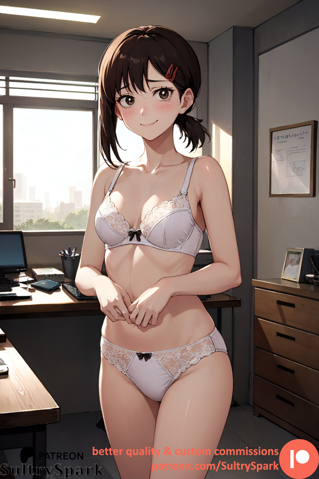 ai generated, artist name, blush, blushing at viewer, brown eyes, brown hair, chainsaw man, commission, female, higashiyama kobeni, indoors, lace, lingerie, looking at viewer, office, patreon, patreon username, ponytail, smile, smiling, sultryspark, white lingerie, window, windows