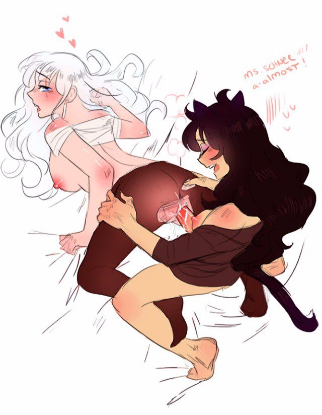 2girls, all fours, animal ears, ass, black hair, blake belladonna, blue eyes, breasts, cat ears, closed eyes, cum, cum in pussy, cum inside, doggy style, eyeliner, female, futa on female, futanari, intersex, multiple females, multiple girls, on bed, penis, pussy, rwby, scar, sideboob, simple background, stockings, tail, the party tit, torn clothes, vaginal penetration, weiss schnee, white hair