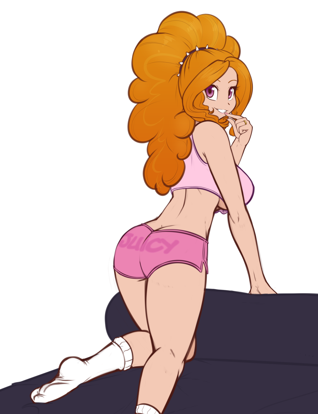 1girls, adagio dazzle, ass, ass cleavage, ass crack, bimbo, breasts, butt crack, crop top, equestria girls, female, friendship is magic, hasbro, humanized, looking at viewer, looking back, my little pony, rainbow rocks, scorpdk, short shorts, shorts, socks, solo, solo female, spiked hairband, stocking feet, underboob