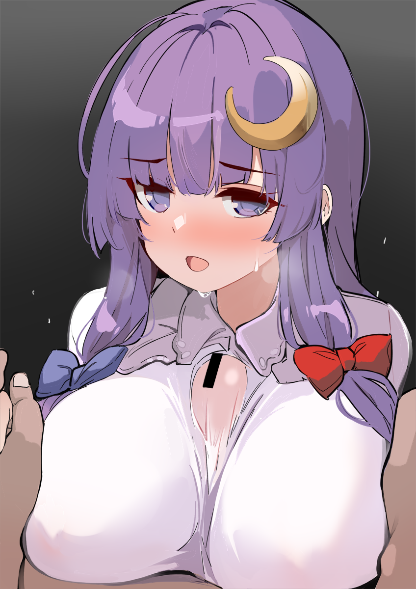 1boy bar_censor black_background bow breasts censored commentary_request crescent crescent_hair_ornament female gradient_background hair_ornament hairbow highres kamukamu_(ars) large_breasts long_hair looking_at_viewer open_mouth paizuri paizuri_under_clothes patchouli_knowledge purple_eyes purple_hair shirt straight sweat sweatdrop touhou white_shirt