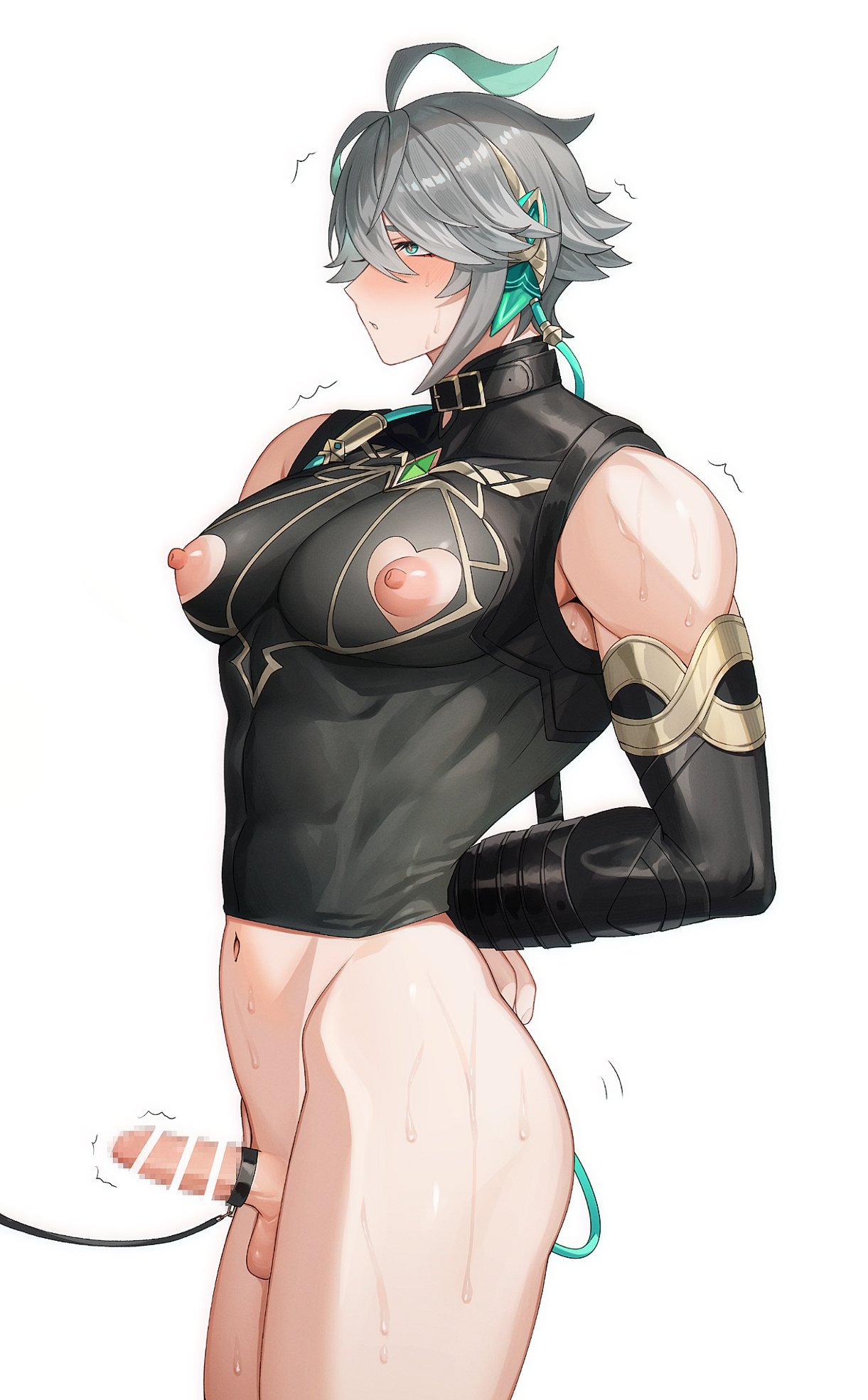 1boy alhaitham_(genshin_impact) alpaitham aqua_eyes aqua_hair bar_censor black_shirt black_sleeves blush bondage busty_boy censored cleavage_cutout clothing_cutout erect_nipples erect_penis gay genshin_impact grey_hair hair_between_eyes hair_over_one_eye highres leash leash_on_penis male male_focus male_nipples male_only malesub midriff multicolored_hair navel nipple_cutout nipples open_mouth penis shirt short_hair solo solo_male testicles white_background