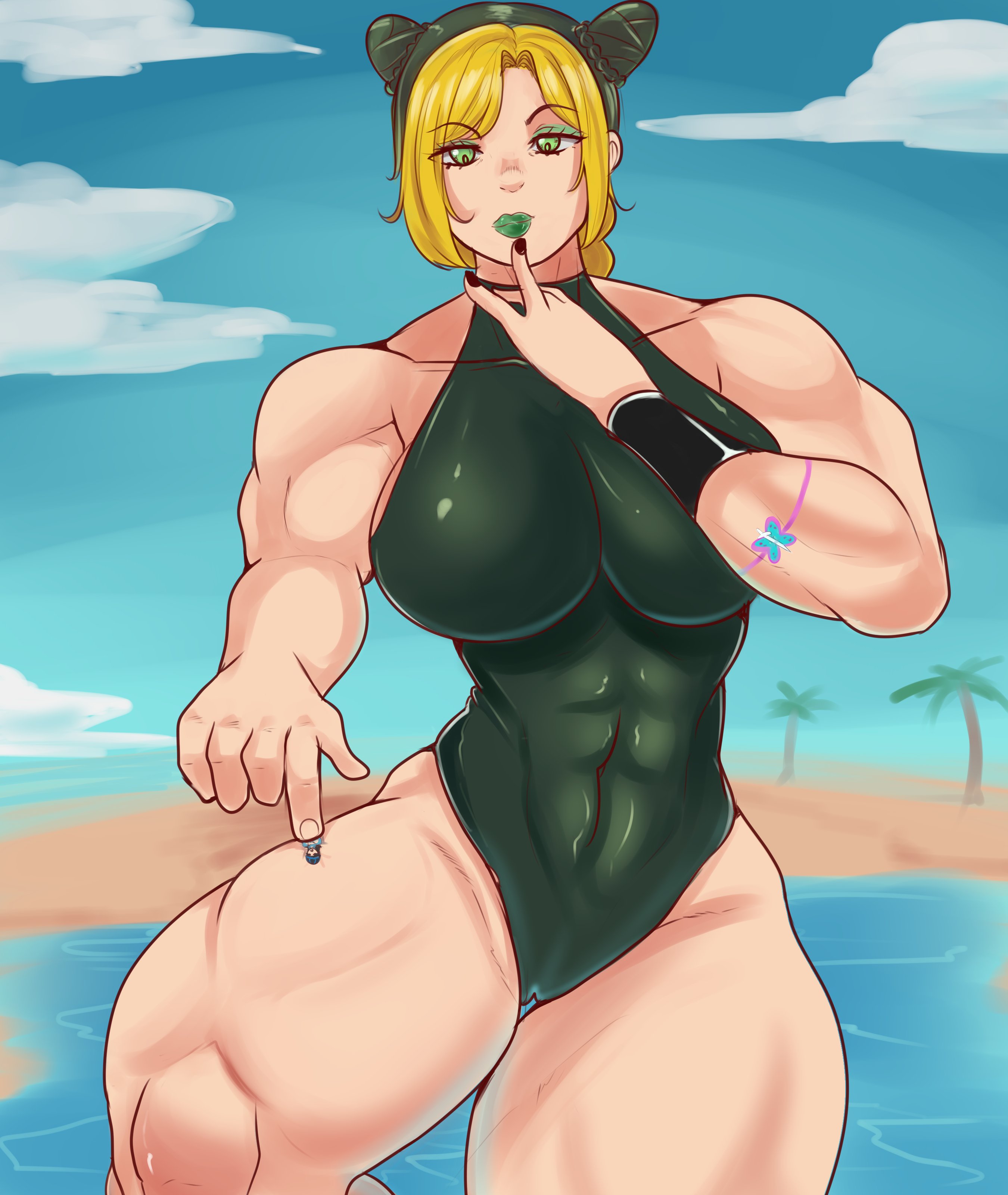 1girls, abs, alternate body type, athletic, athletic female, beach, biceps, big breasts, black hair, black-haired female, blonde female, blonde hair, blonde-haired female, breasts, female, female focus, female only, green eyes, jojo's bizarre adventure, jolyne kujo, light skin, light-skinned female, looking at viewer, moyudraw, moyuyudraws, multicolored hair, muscular, muscular arms, muscular female, muscular thighs, one-piece swimsuit, palm tree, sand, stone ocean, thick thighs, thighs, toned, toned female, water