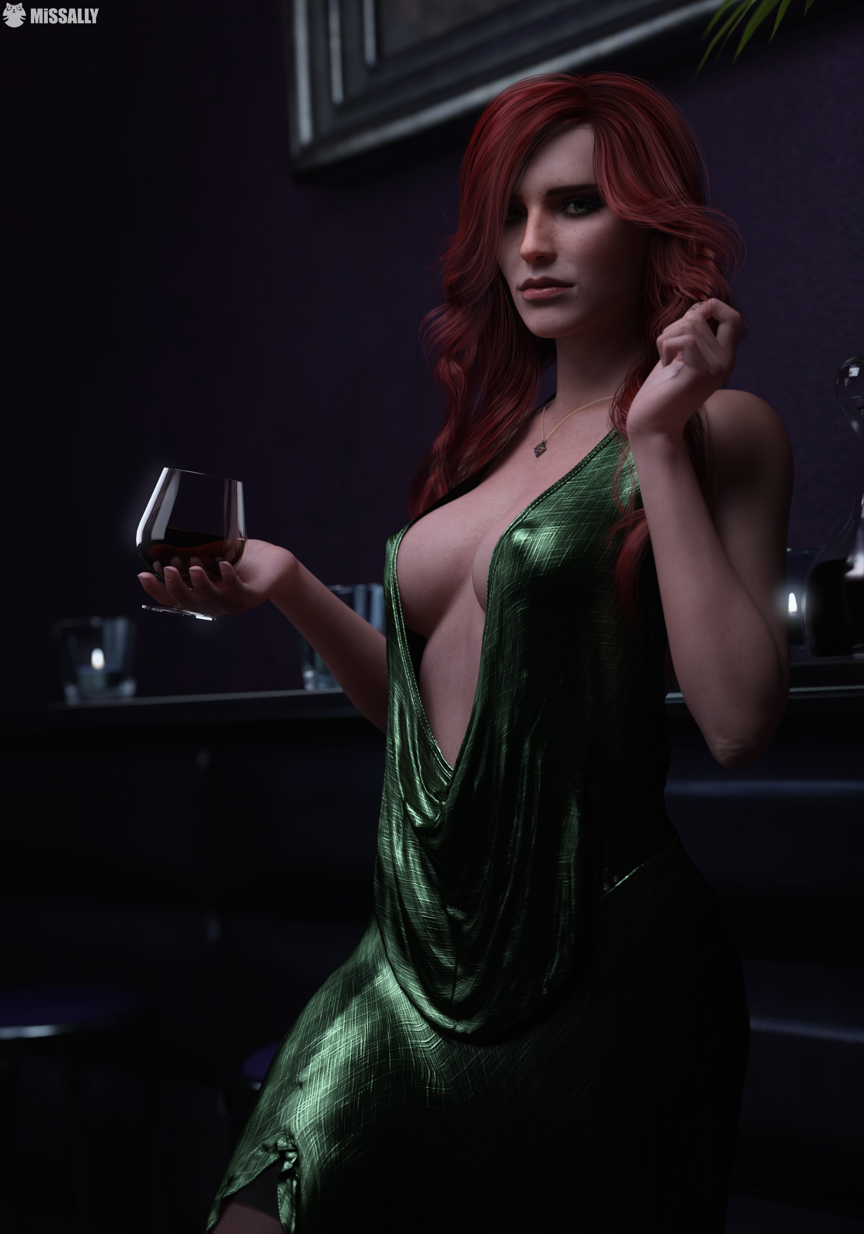 3d, alcohol, breasts, collar, dress, female, freckles, light skin, light-skinned female, long hair, looking at viewer, missally, red hair, solo, the witcher (series), the witcher 3: wild hunt, triss merigold