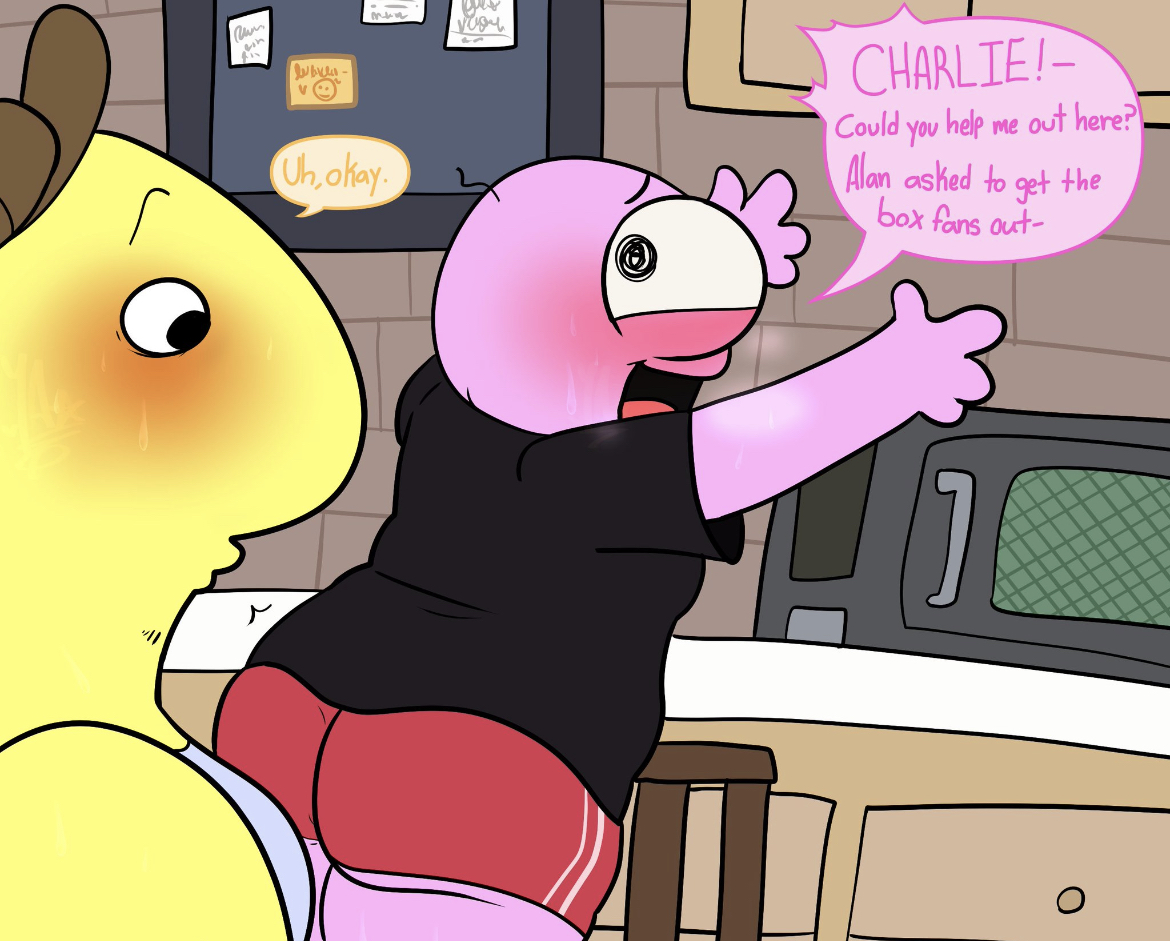 ass, ass focus, bensartcave, big ass, blush, cant reach, charlie (smiling friends), fat ass, gay, male, male only, pim (smiling friends), reaching out, shorts, size difference, smiling friends, sweating