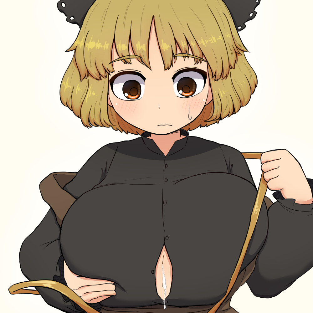 1girls after_paizuri black_shirt blonde_hair brown_eyes button_gap camp_of_hunger cum_on_breasts huge_breasts kurodani_yamame open_mouth pov short_hair simple_background solo_focus sweatdrop touhou upper_body white_background yamame_kurodani