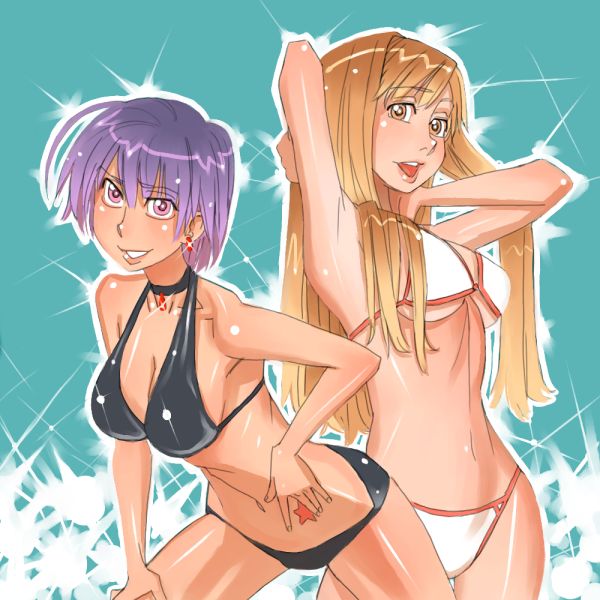 07th_expansion 2girls bikini blonde_hair breasts earrings higurashi_no_naku_koro_ni jewelry long_hair looking_at_viewer mamiya_rina medium_breasts multiple_girls navel open_mouth orange_eyes pink_eyes purple_hair short_hair simple_background smile swimsuit takano_miyo tattoo white_bikini zenkou