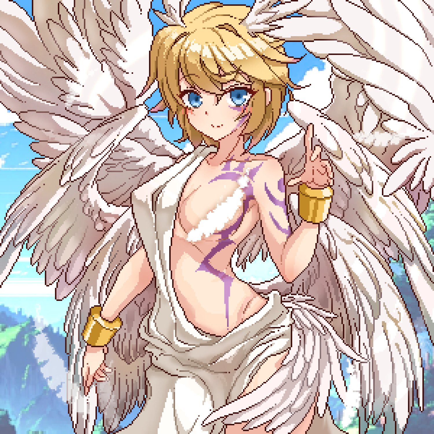 1girls 2023 angel angel_wings artist_request blonde_hair blue_eyes censored_nipples convenient_censoring digimon lucemon pixel_art rule_63 short_hair solo solo_female tagme