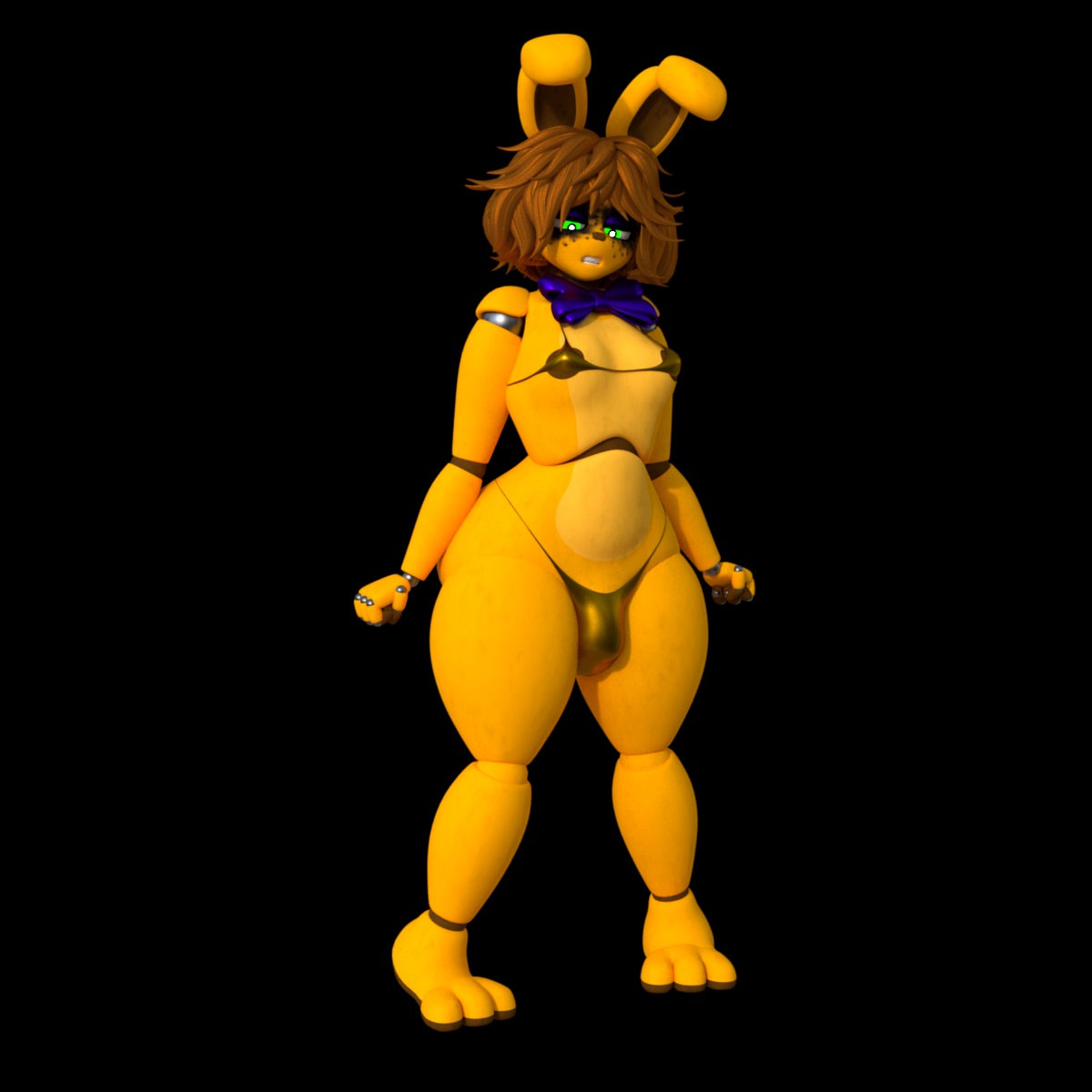 3d, 3d (artwork), 3d model, bikini, bikini bottom, bikini top, embarrassed, femboy, five nights at freddy's, golden bikini, male, male focus, male only, mishuyuu, solo, spring bonnie, spring bonnie (fnaf), spring bonnie (mishuyuu)
