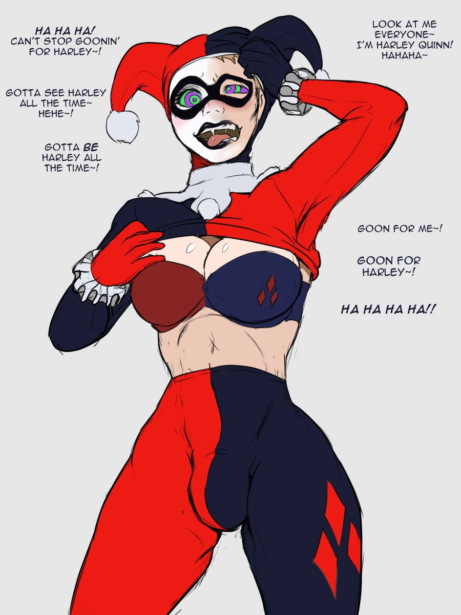 1boy batman_(series) black_lips bodysuit bra bulge clownification crossdressing dc diggerman domino_mask face_paint fake_breasts femboy harley_quinn harley_quinn_(classic) hypno_eyes kaa_eyes male male_only open_mouth solo tongue_out transformation