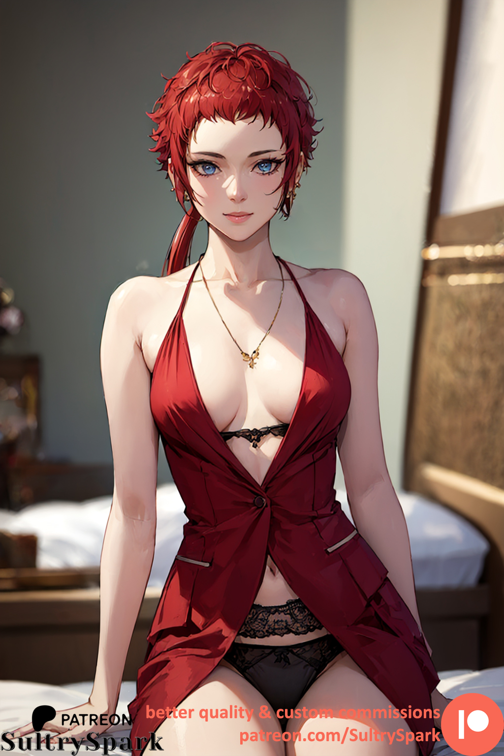 1girls ai_generated artist_name blue_eyes breasts commission emma_samanda female female female_only girl indoors lingerie looking_at_viewer ninja_kamui panties patreon patreon_username ponytail red_hair rule_63 solo sultryspark