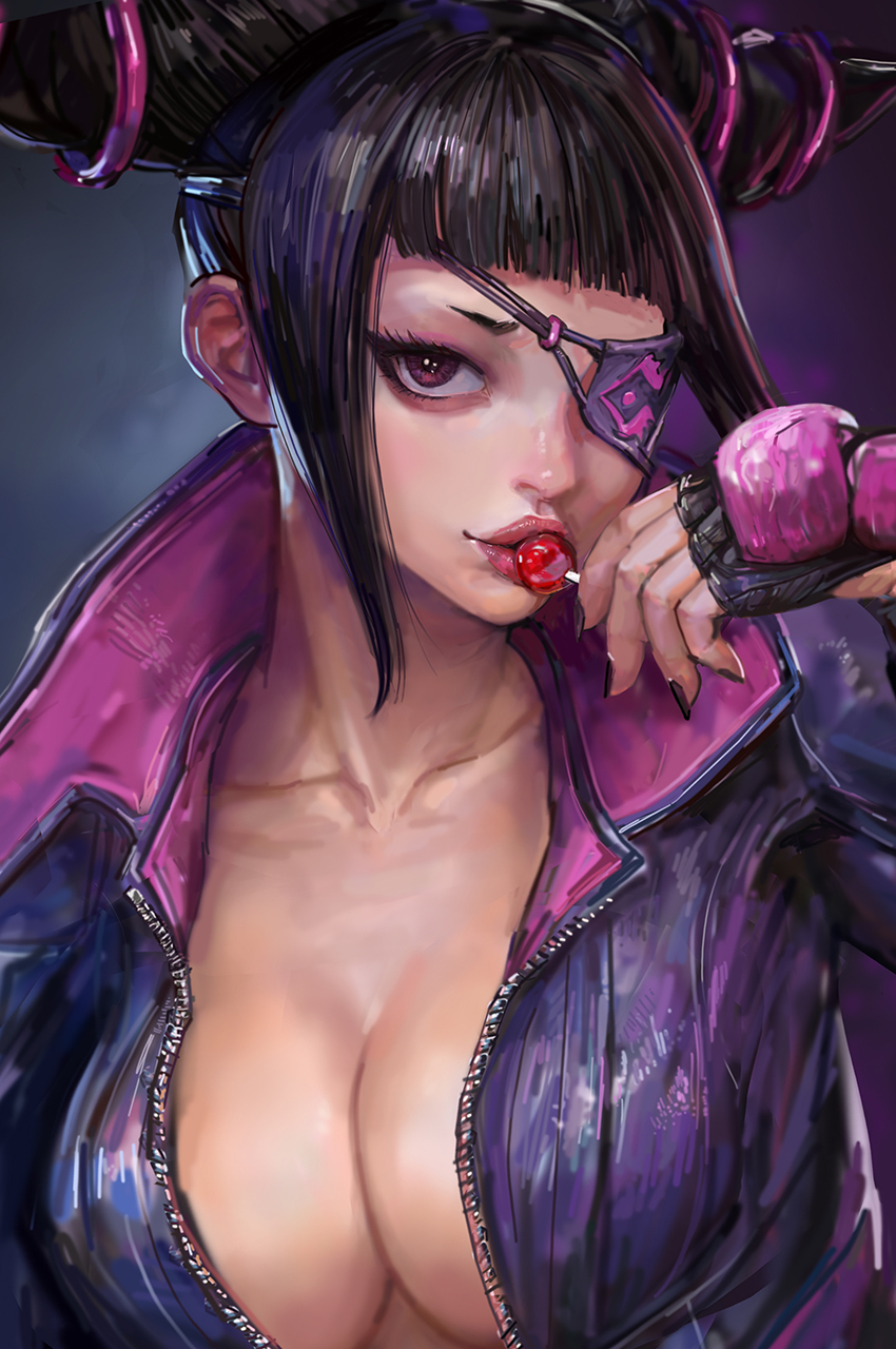 1girls asian asian_female big_breasts black_hair busty capcom cleavage eyepatch juri_han light-skinned_female light_skin lollipop looking_at_viewer michemashu purple_eyes street_fighter sucking_lollipop wip zipper_down