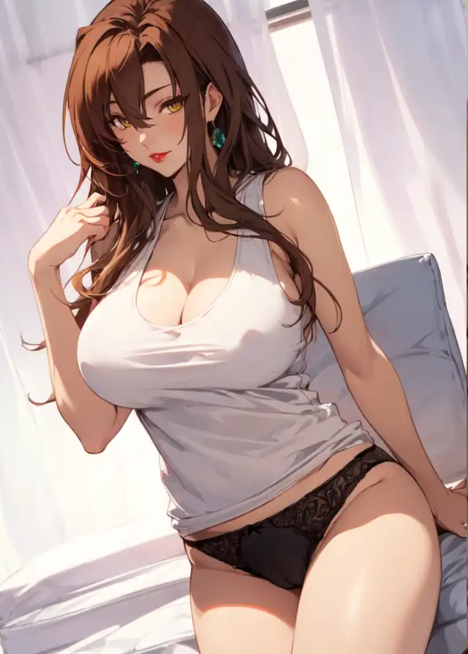 ai_generated black_panties blush breasts_covered brown_hair camel_toe cleavage earrings female_issei high_school_dxd horny huge_breasts long_hair playing_with_hair pussy_visible_through_panties red_lipstick seductive_look seductive_smile tank_top white_top yellow_eyes