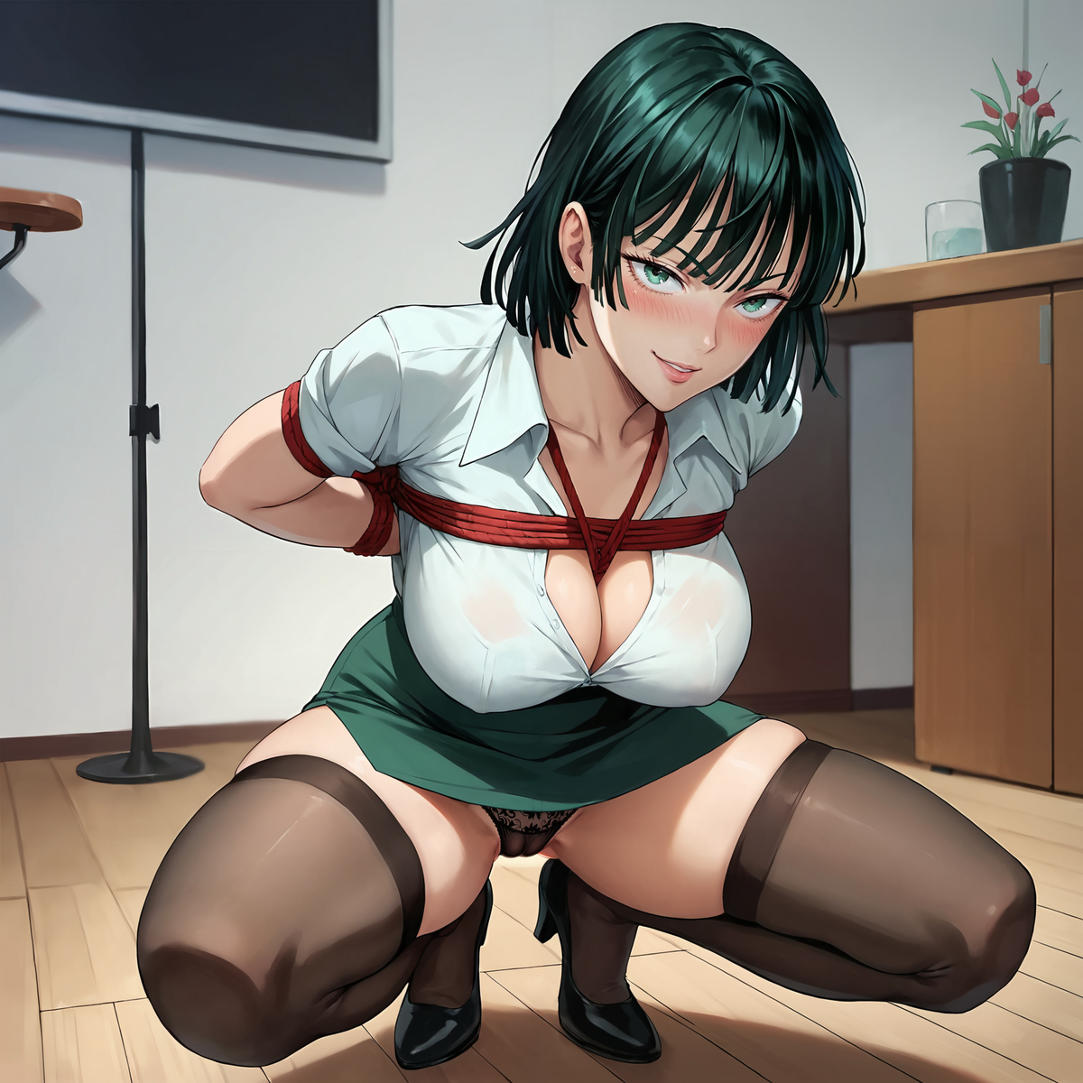 1girls, ai generated, arms behind back, bangs, black footwear, black panties, blush, bondage, bound, breasts, cleavage, collared shirt, female, fubuki (one-punch man), green eyes, green hair, henrychrist, high heels, indoors, large breasts, looking at viewer, one-punch man, panties, shirt, short hair, skirt, smile, solo, spread legs, squatting, stockings, thighhighs, underwear, white shirt