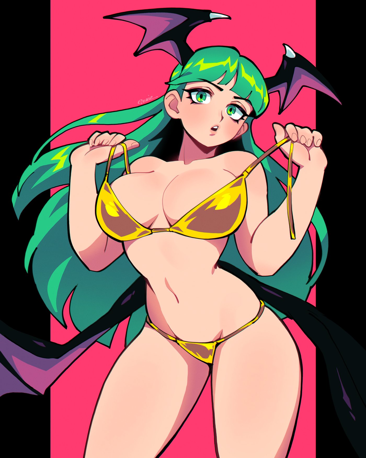 1girls artist_signature bare_shoulders barely_clothed bat_wings big_breasts bikini bikini_pull busty capcom cleavage clothes_pull curvy darkstalkers gold_bikini golden_week green_eyes green_hair head_wings hi_res large_breasts light-skinned_female light_skin looking_at_viewer morrigan_aensland navel pulled_by_self qewie sensual succubus succubus_wings swimsuit teasing undressing untied_bikini voluptuous wings