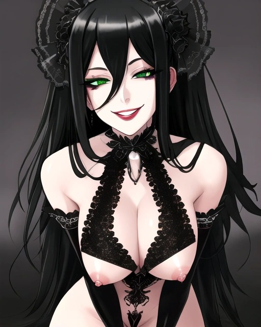 ai_generated black_hair goth goth_girl gothic gothic_girl green_eyes original_character sexual smile submissive submissive_female