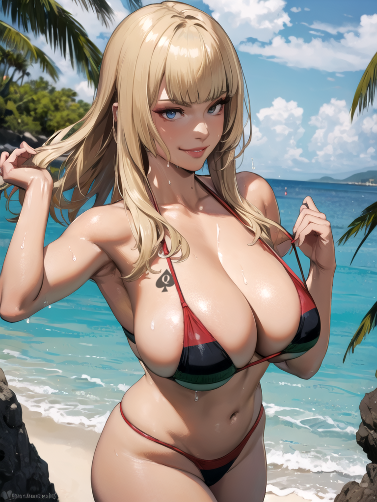 ai_generated bikini bikini_bottom bikini_top blacked_clothing blonde_female blonde_hair blonde_hair_female blue_eyes caucasian_female curvaceous curvy curvy_female curvy_figure cute emilie_de_rochefort female female_focus female_only french french_female hime_cut lipstick looking_at_viewer makeup namco pan-african_flag playing_with_hair pose pov pov_eye_contact qos qos_tattoo queen_of_spades queen_of_spades_symbol smile smiling smiling_at_viewer smirk tekken tekken_8 thick wet wet_body wet_skin