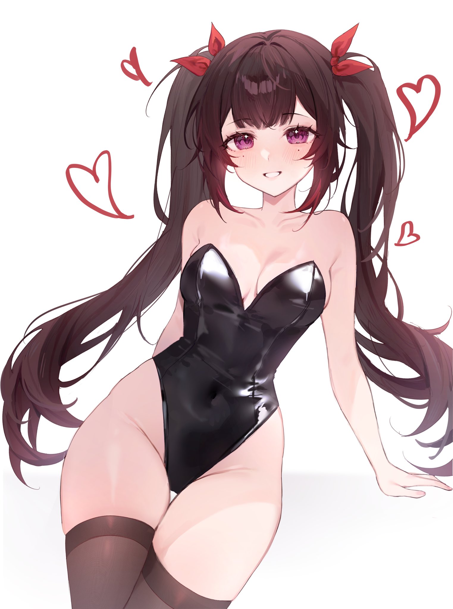 1girls, 2d, 2d (artwork), black bunnysuit, black hair, black thighhighs, blush, breasts, bunnysuit, female, female focus, female only, front view, hearts, hearts around body, high resolution, highres, honkai (series), honkai: star rail, hourglass figure, hoyoverse, light skin, light-skinned female, long hair, looking at viewer, mihoyo, miyuchiq, pigtails, purple eyes, simple background, small breasts, smiling, smiling at viewer, solo, solo female, solo focus, sparkle (honkai: star rail), standing, thighhighs, white background, young, younger female