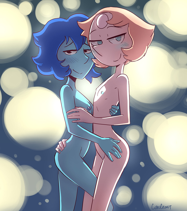 2girls, ass, blue eyes, blue hair, blue skin, blush, breasts, cartoon network, colored nipples, cubedcoconut, duo, female, female only, flat chest, gem (species), hand on ass, hand on butt, hand on hip, lapis lazuli (steven universe), nipples, nude, pearl (steven universe), small breasts, smile, steven universe, yuri