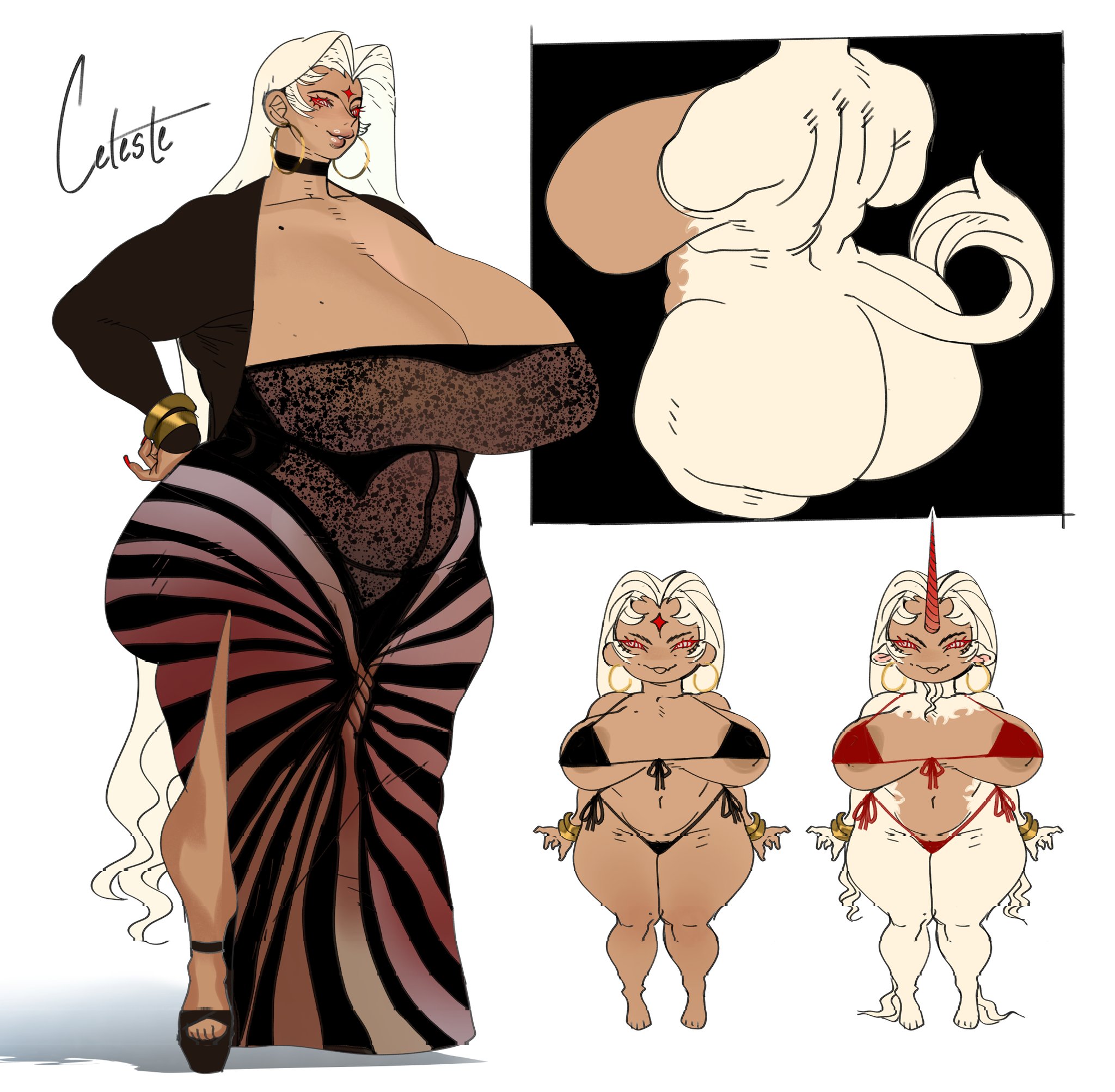 1 horn, 1girls, bikini, black dress, blonde hair, bracelet, breasts, celeste (chanxswan), chanxswan, character sheet, cleavage, dress, female, forehead mark, full body, gigantic breasts, high heels, lips, original, plump, ringed eyes, simple background, solo, spiral eyes, standing, thick thighs, very long hair