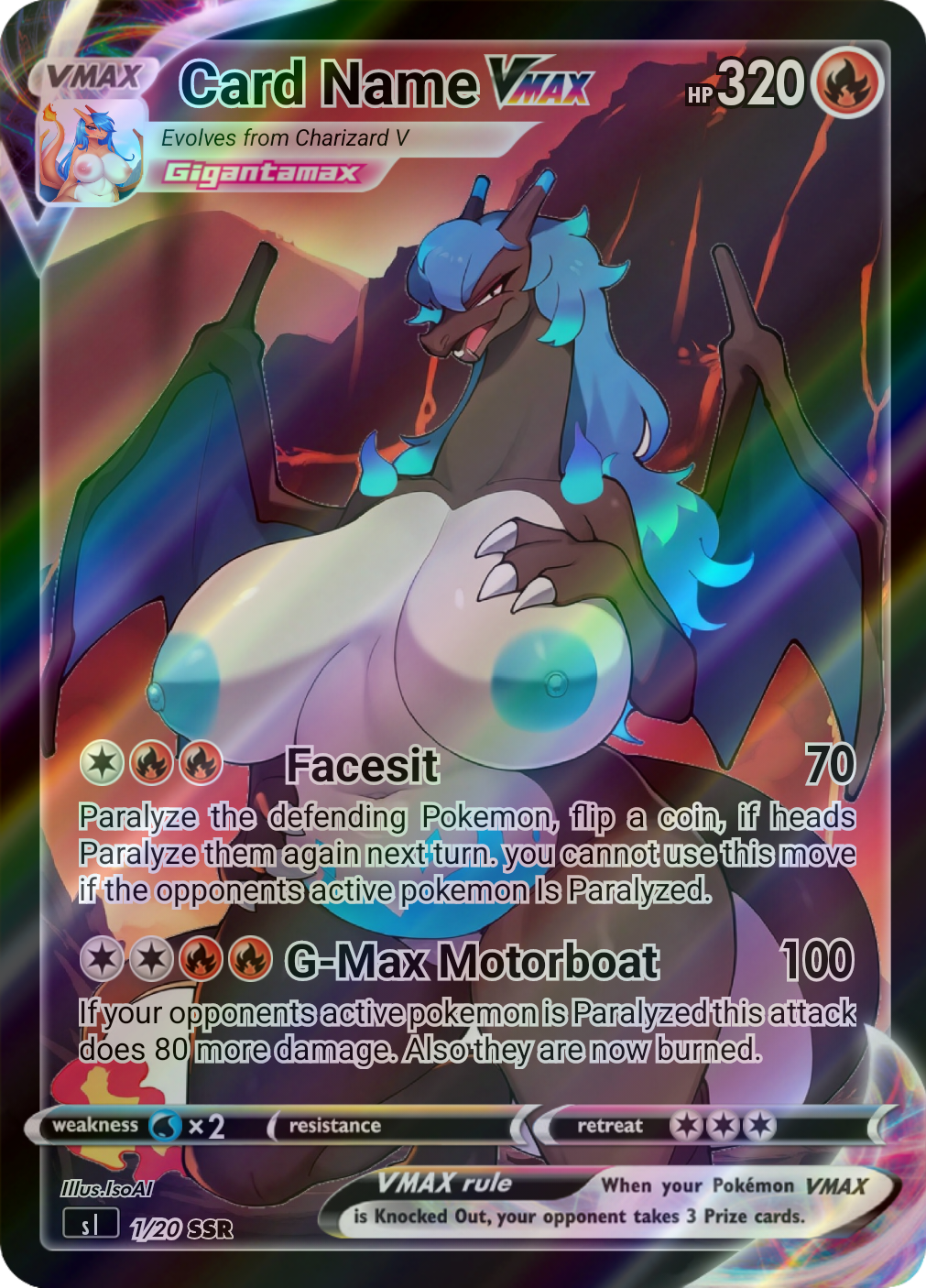 ai_generated anthro blue_hair charizard chubby_female furry giantess gigantamax_pokémon hand_on_breast huge_breasts isoai nai_diffusion on_knees pokemon pokemon_(species) pokemon_card shiny_pokemon smile wide_hips