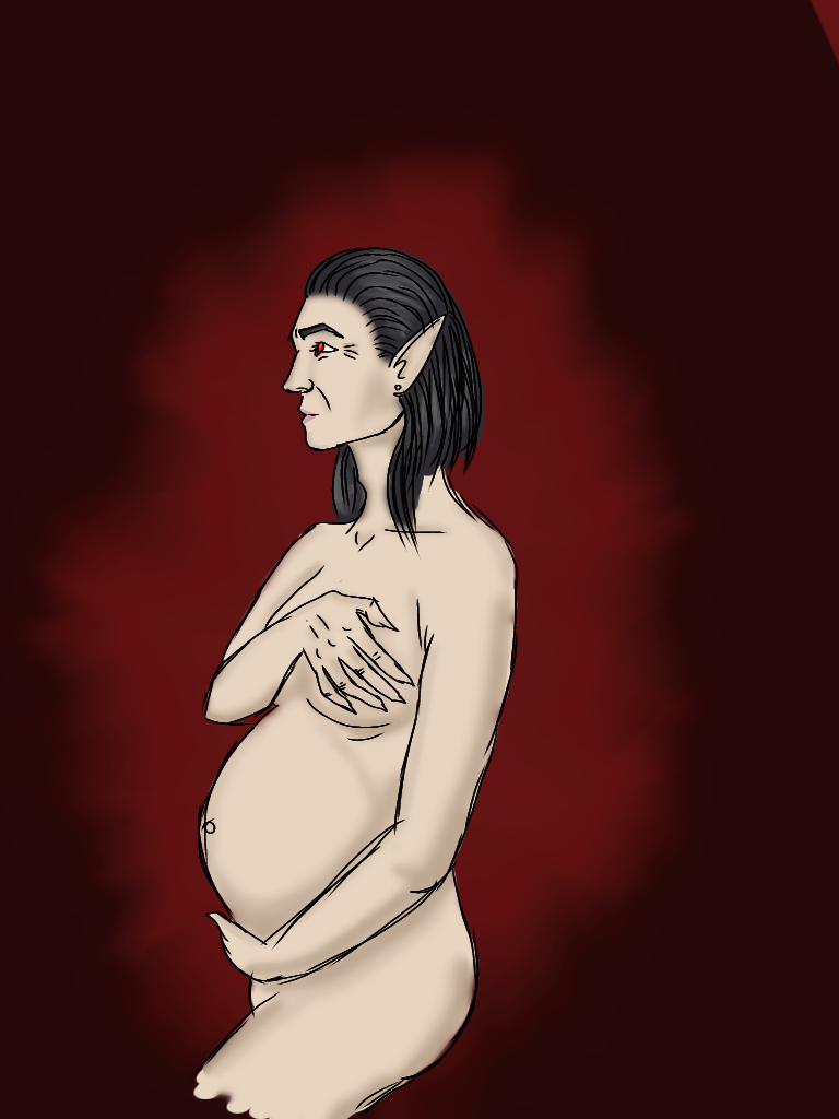 1boy artistic_nude baldur's_gate baldur's_gate_3 black_hair cazador_szarr elf male male_only naked only_cazador_enjoyer_ever pregnant_male red_eyes solo szarr_secret_party vampire wizards_of_the_coast