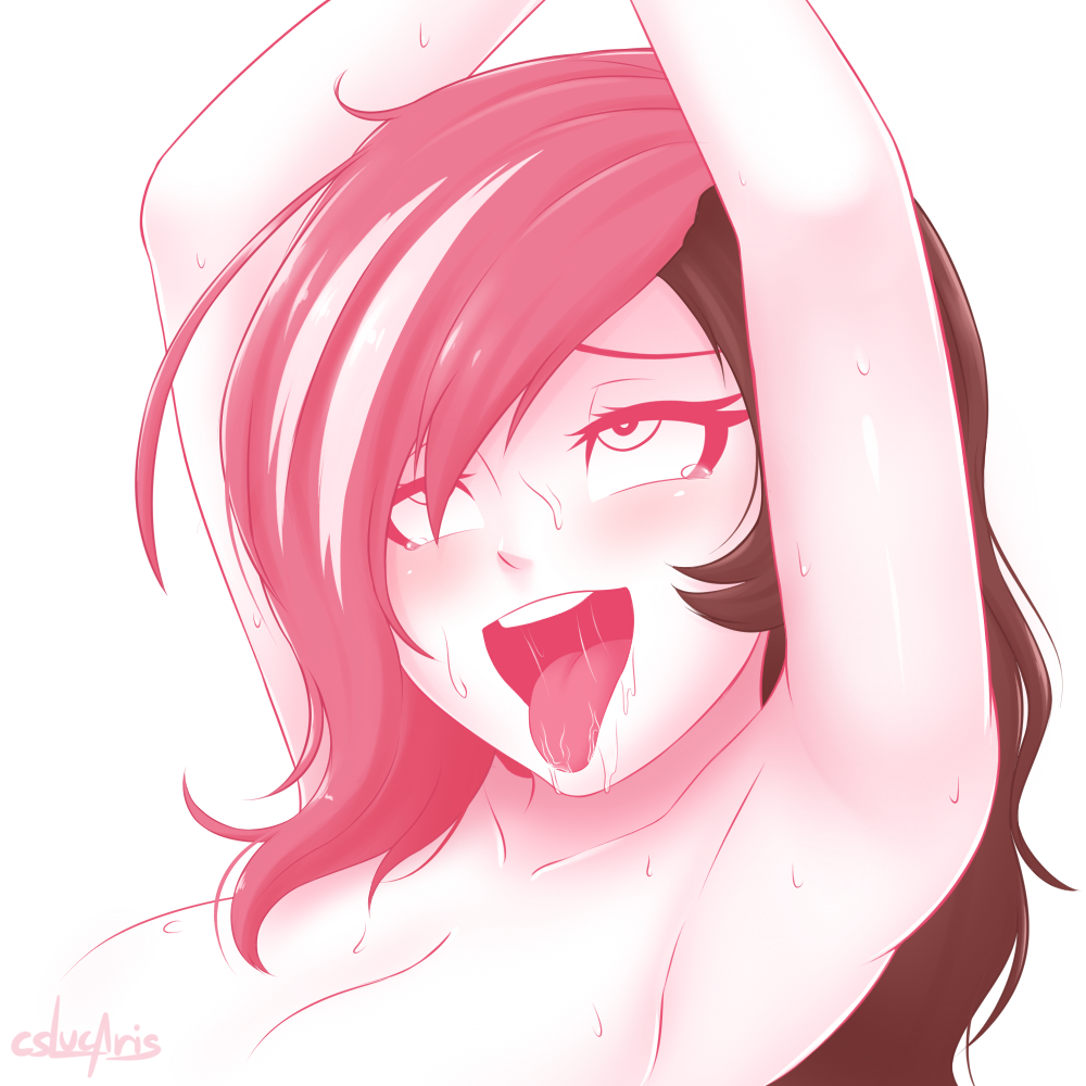 1girls ahe_gao blush cslucaris drooling female female_only monochrome multicolored_hair naughty_face neo_(rwby) nude rwby sexually_suggestive simple_background solo spot_color sweat tongue tongue_out white_background